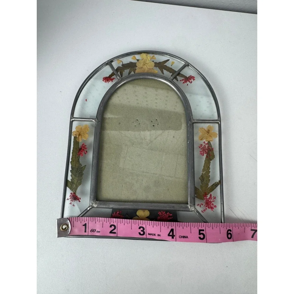 Vintage Pressed Flower Stained Glass Arched Picture Frame Cathedral Boho Decor